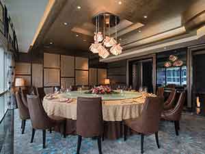 Malaysia Giga Babala restaurant furniture-big round dining table and antique leather dining chairs, half circle fabric booth seating