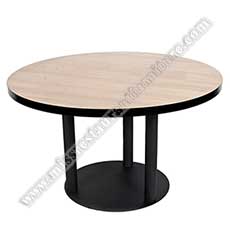 restaurant round MDF tables_wood restaurant tables 1103_Restaurant wooden dining table modern wood MDF round dining table designs with round black iron base